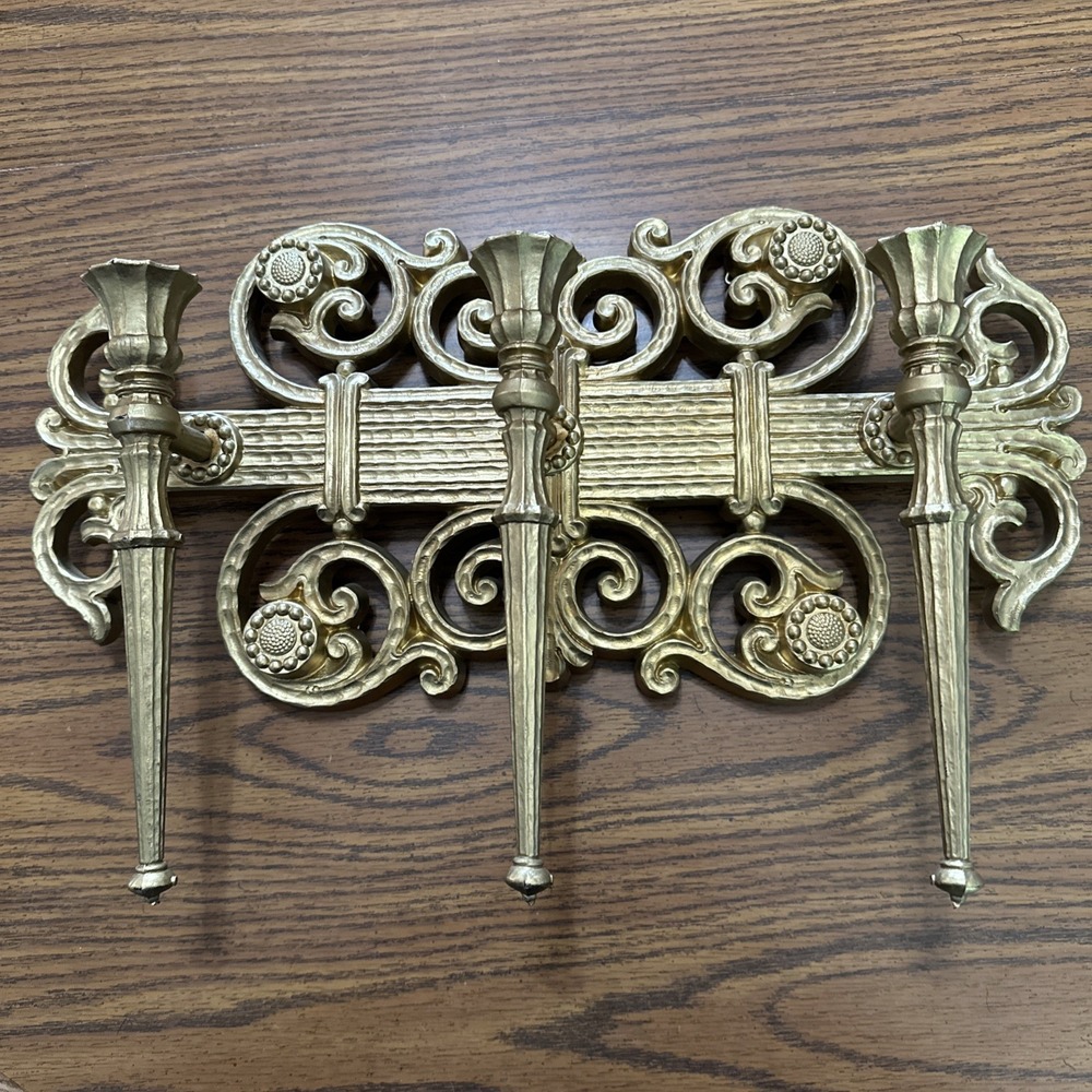 VTG Homco Wall Plaque 4193 3 Sconce Candle Holders Gold Resin Vintage USA MCM